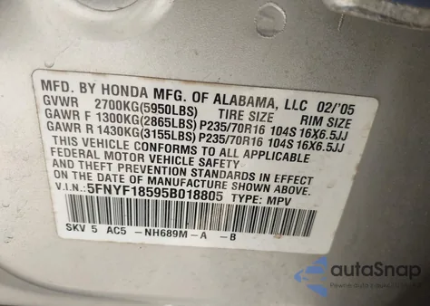 2005 Honda Pilot Ex-L z USA, uszkodzony, nr VIN 5FNYF18595B018805